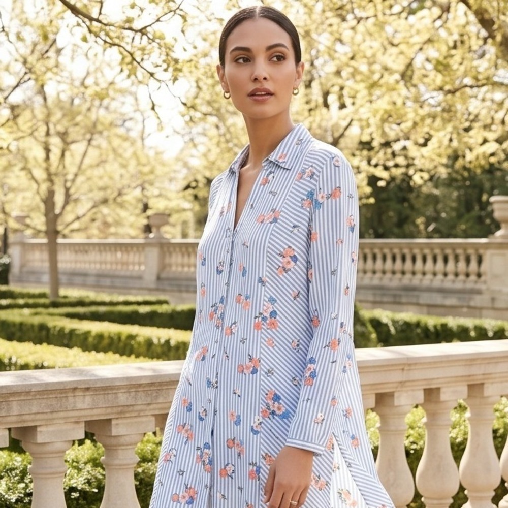 J. Jill 1X Striped Floral Longline Blouse Blue White Rayon Button Up Romantic